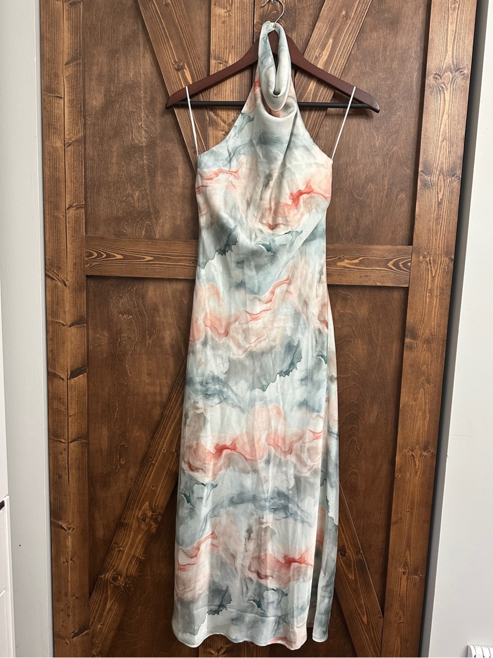 Sincerely Jules Marble-Print Cowl Neck Maxi Dress in Seafoam Green & Coral